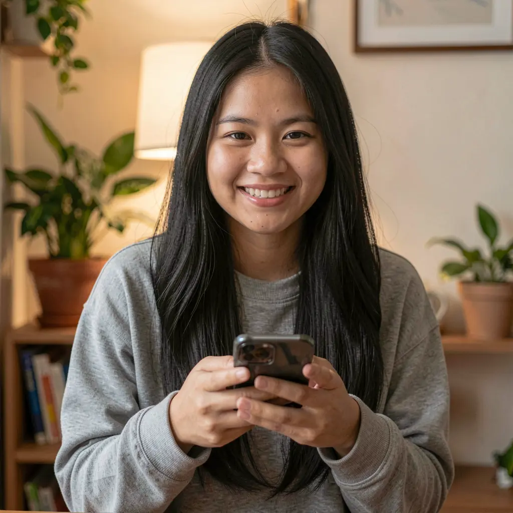 TINOLA BET App – Enjoy a smooth and user friendly betting experience in the Philippines Smiling Filipino woman focused on her phone while using the TINOLA BET betting app in a cozy indoor setting