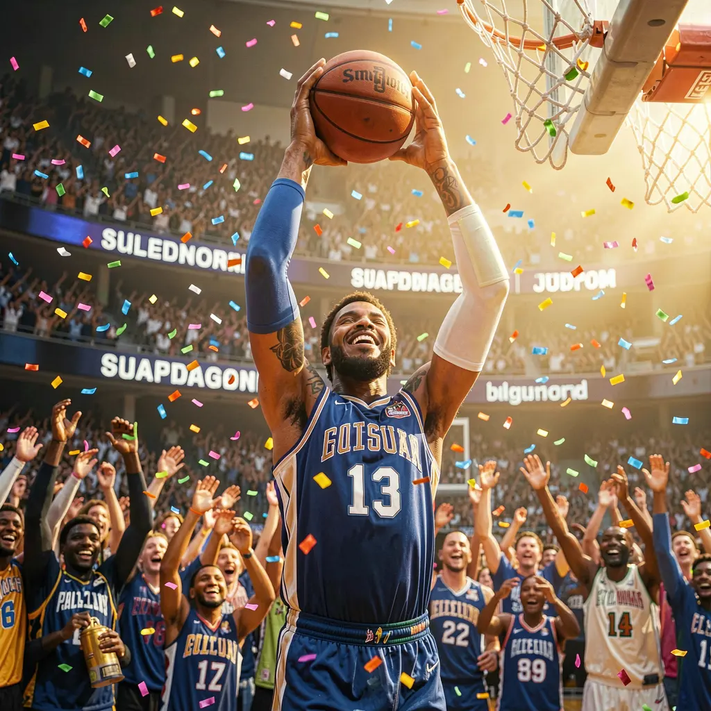 TINOLA BET – Experience the thrill of live basketball betting in the Philippines Excited basketball player celebrating a key moment on the court with cheering fans, capturing the thrill of live sports betting on TINOLA BET
