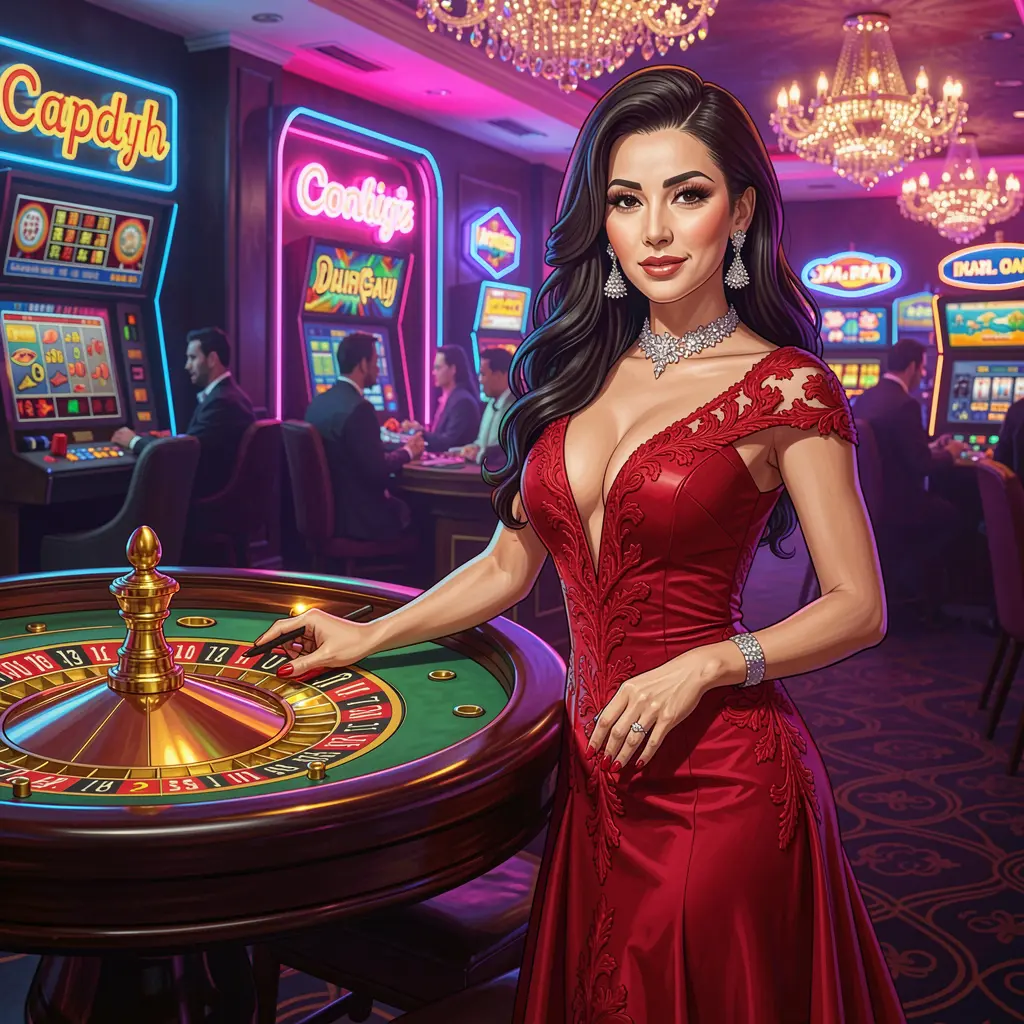 TINOLA BET – Step into an immersive live casino world in the Philippines Confident woman in a red dress standing at the center of a modern casino floor highlighting live roulette tables and slot machines at TINOLA BET Philippines