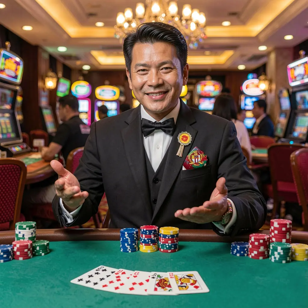 TINOLA BET Login – Secure and fast access to your gaming account in the Philippines Elegant Filipino casino dealer welcoming players at a vibrant gaming table with cards and chips inside the immersive Tinola Bet live casino environment
