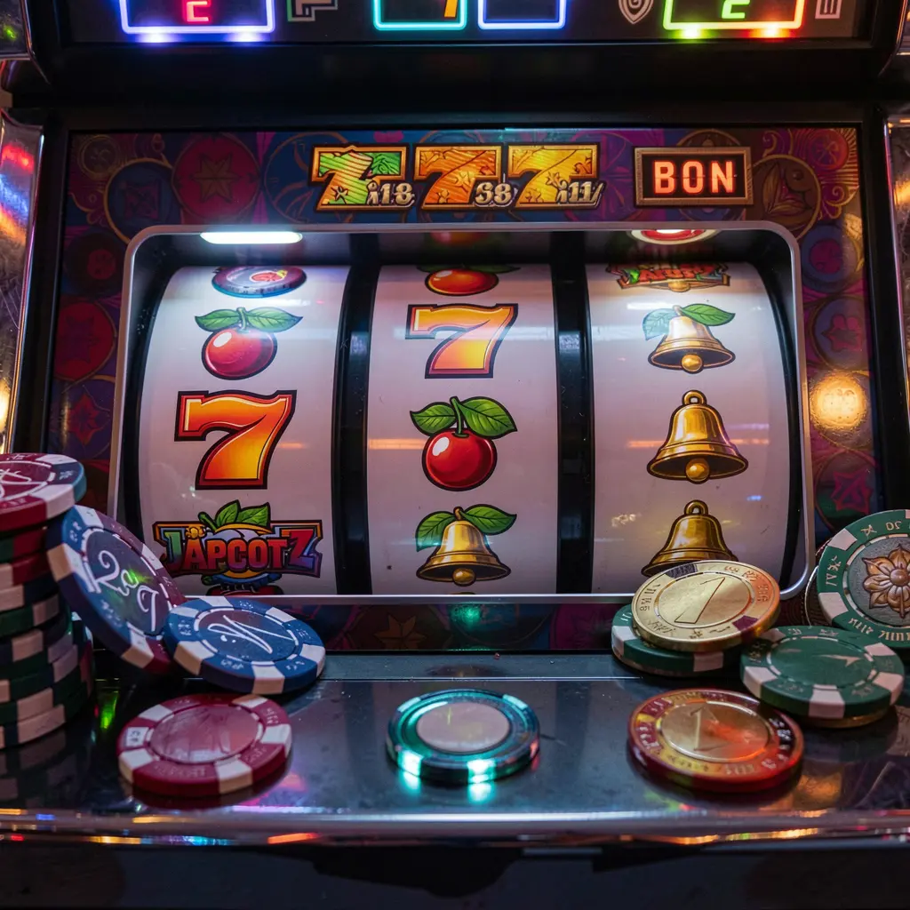 TINOLA BET – Spin premium online slots and chase big wins in the Philippines Detailed view of a classic slot machine with red sevens and glowing casino chips representing the premium slot experience at TINOLA BET for Philippine players